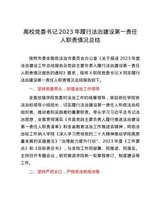 高校党委书记2023年履行法治建设第一责任人职责情况总结.docx