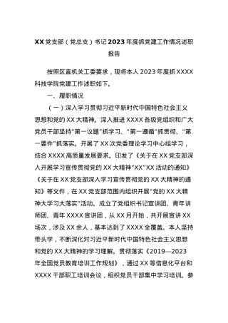 XX党支部（党总支）书记2023年度抓党建工作情况述职报告.docx