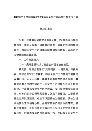 XX镇关于贯彻落实2023年安全生产目标责任制工作开展情况的报告.docx