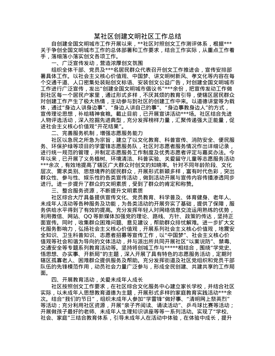 某社区创建文明社区工作总结.docx_第1页