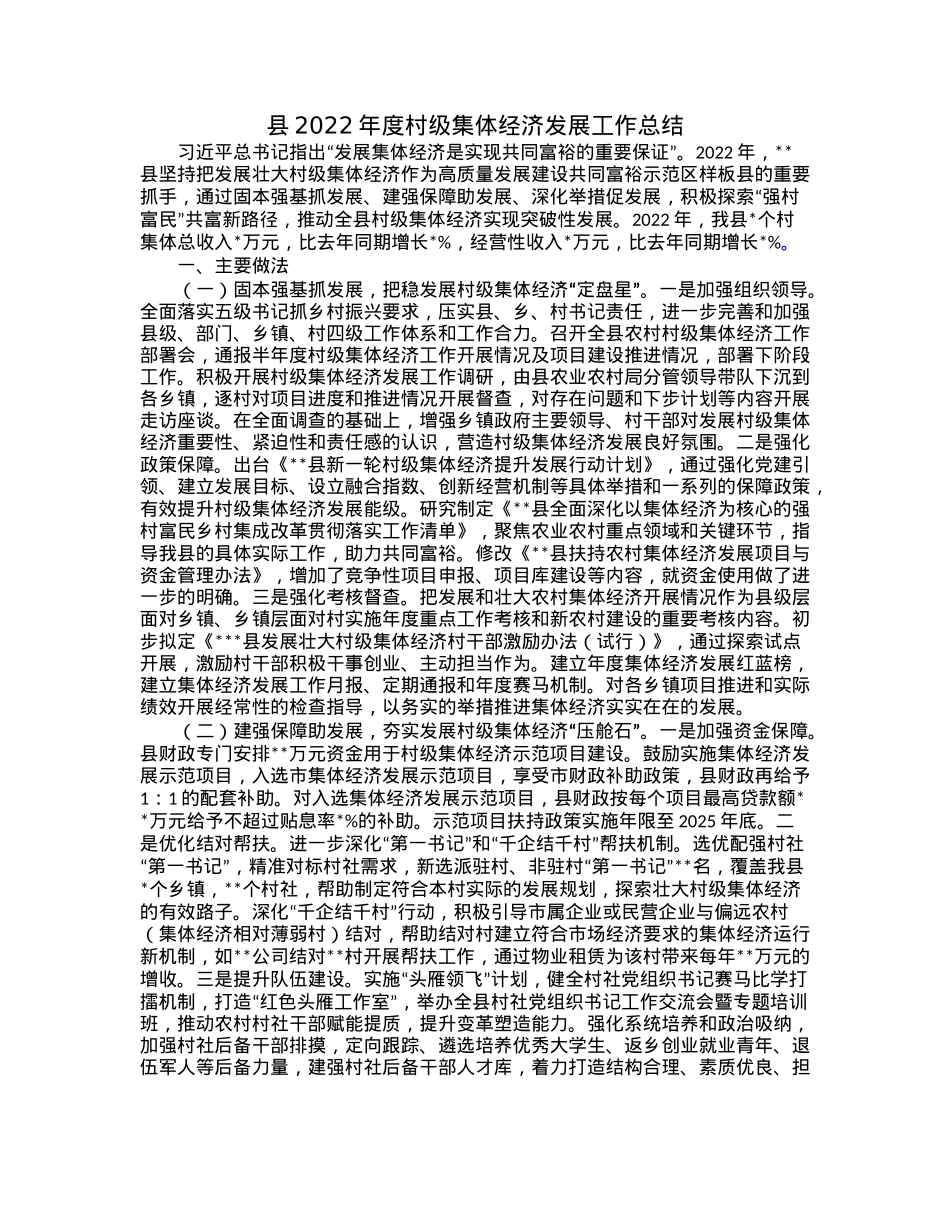 县2022年度村级集体经济发展工作总结.docx_第1页