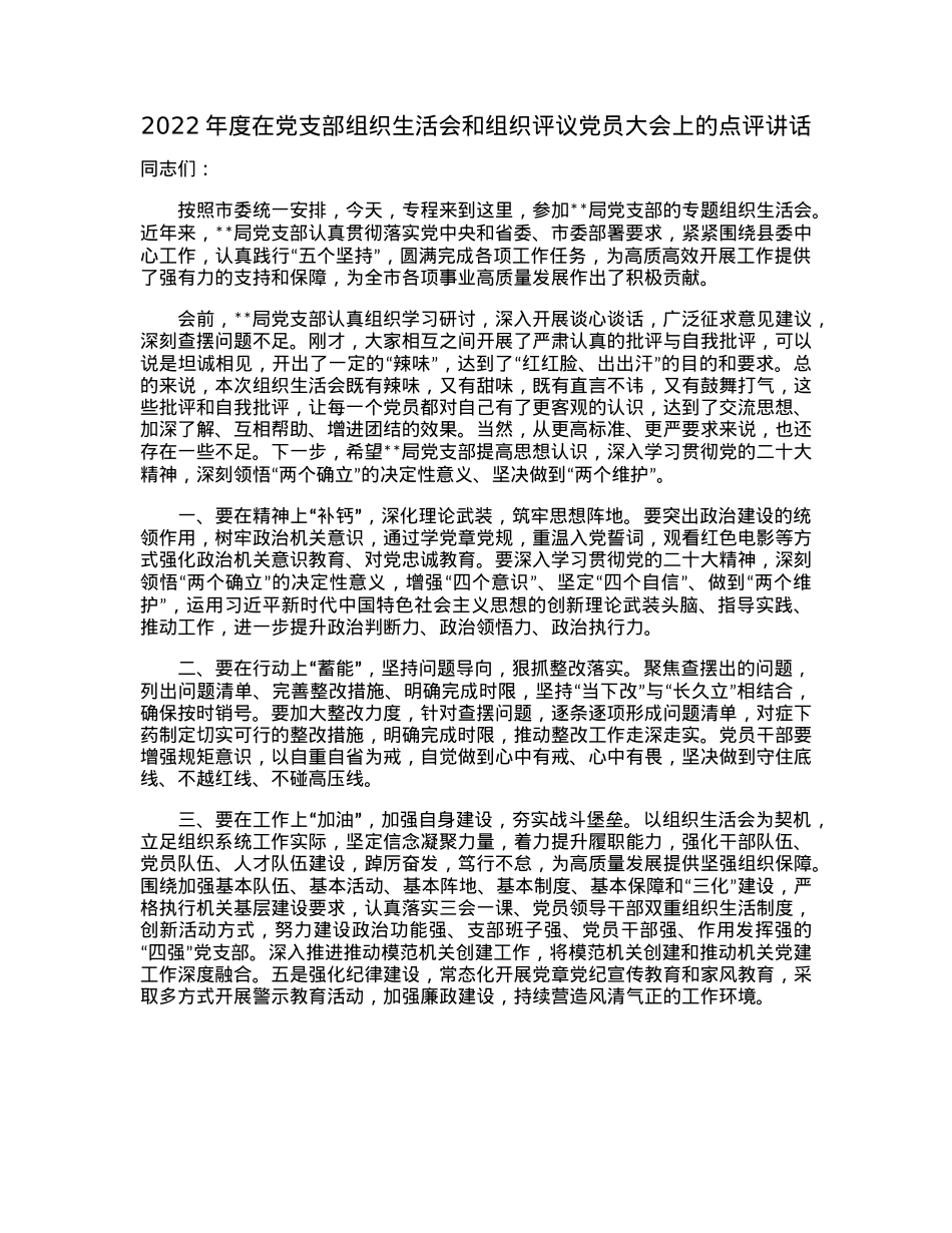 2022年度在党支部组织生活会和组织评议党员大会上的点评讲话.docx_第1页