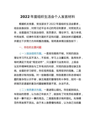 2022年度组织生活会个人发言材料.docx