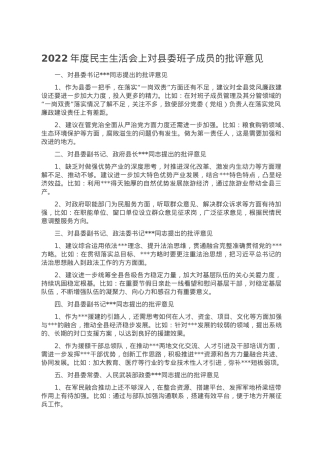2022年度民主生活会上对县委班子成员的批评意见.doc