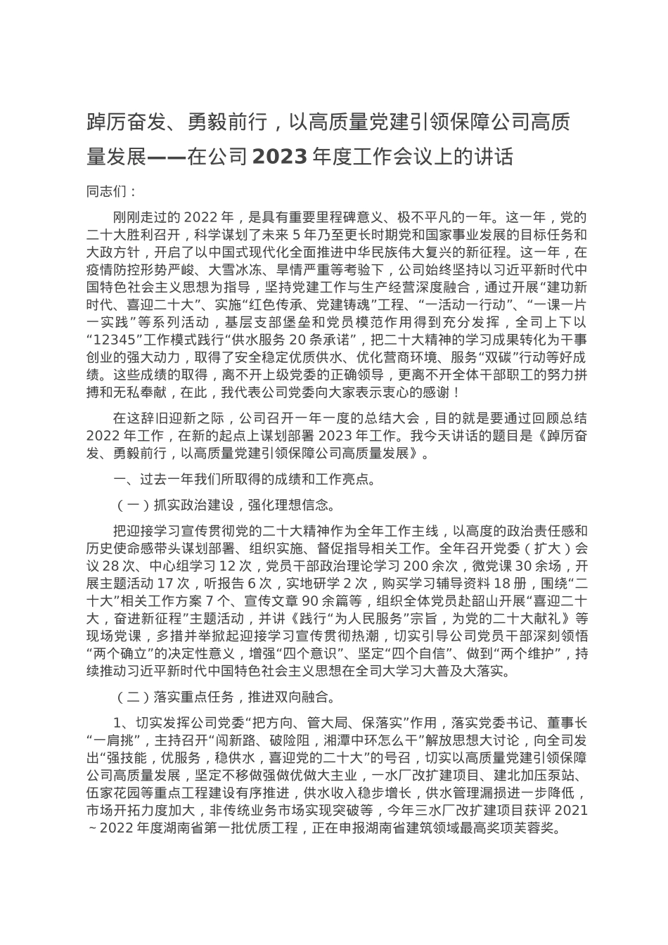 踔厉奋发、勇毅前行，以高质量党建引领保障公司高质量发展——在公司2023年度工作会议上的讲话.doc_第1页