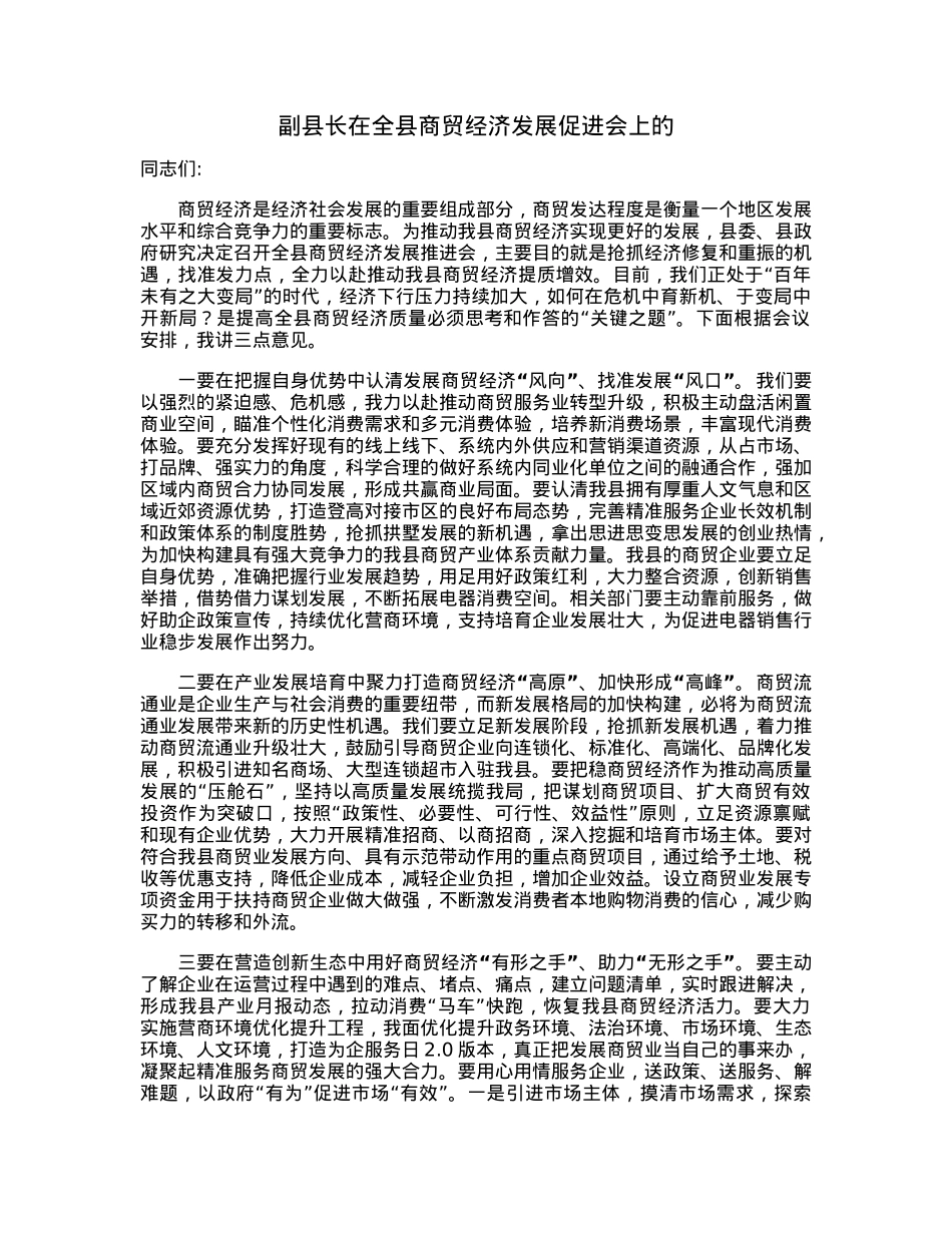 副县长在全县商贸经济发展促进会上的讲话.docx_第1页