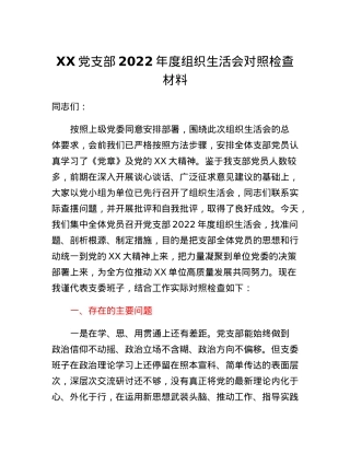 XX党支部2022年度组织生活会对照检查材料.docx