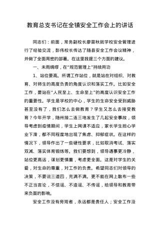 教育总支书记在全镇安全工作会上的讲话.docx