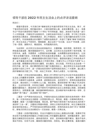领导干部在2022年民主生活会上的点评讲话提纲.doc