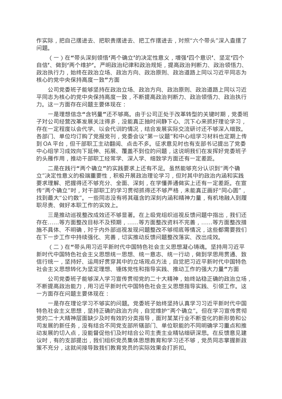 公司2022年度民主生活会领导班子对照检查材料.doc_第2页