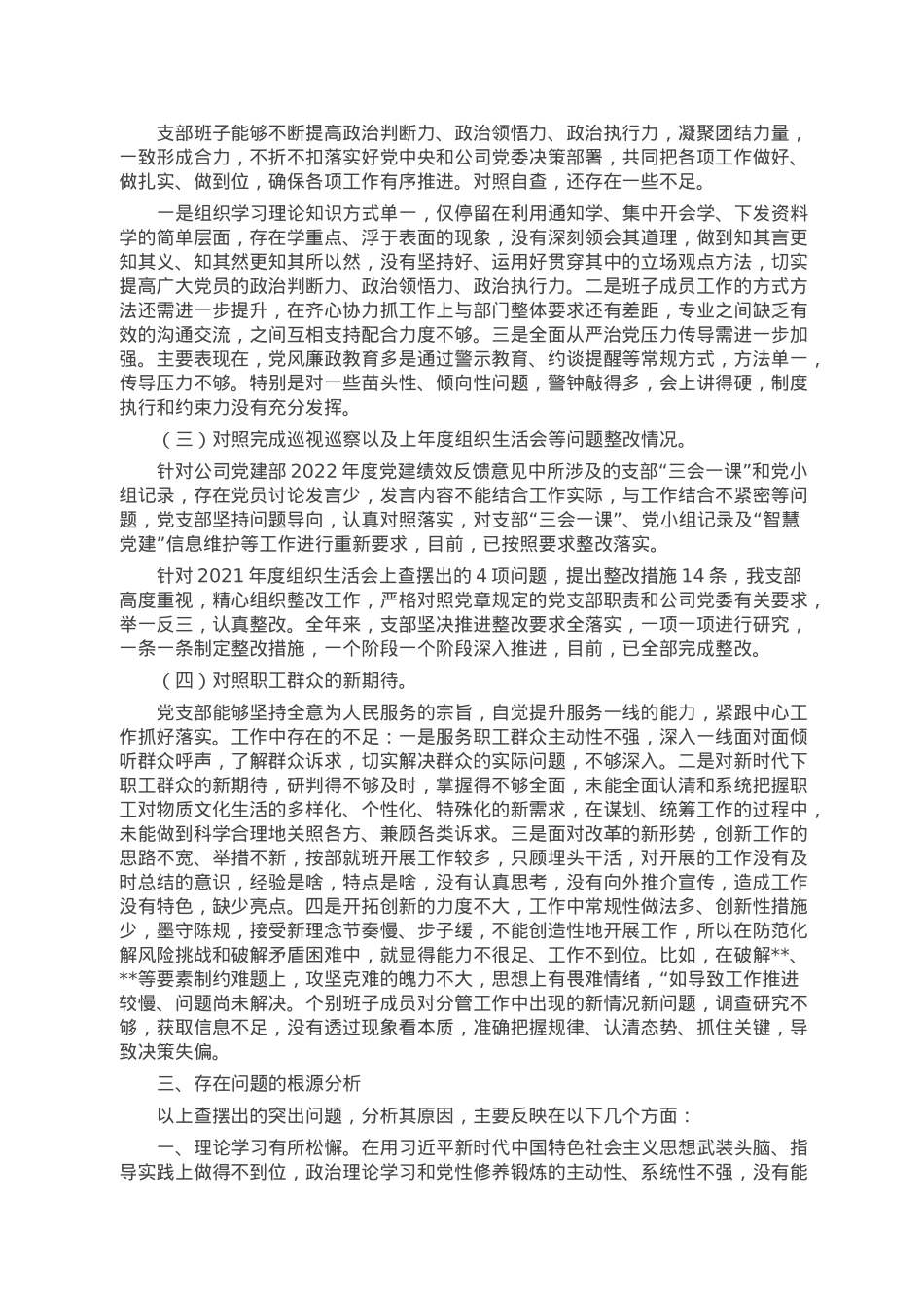 公司党支部班子2022年度组织生活会对照检查材料.doc_第2页