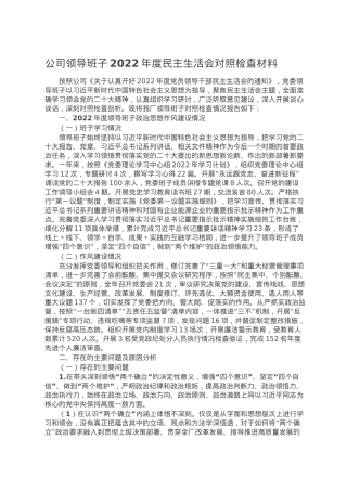 公司领导班子2022年度民主生活会对照检查材料.doc