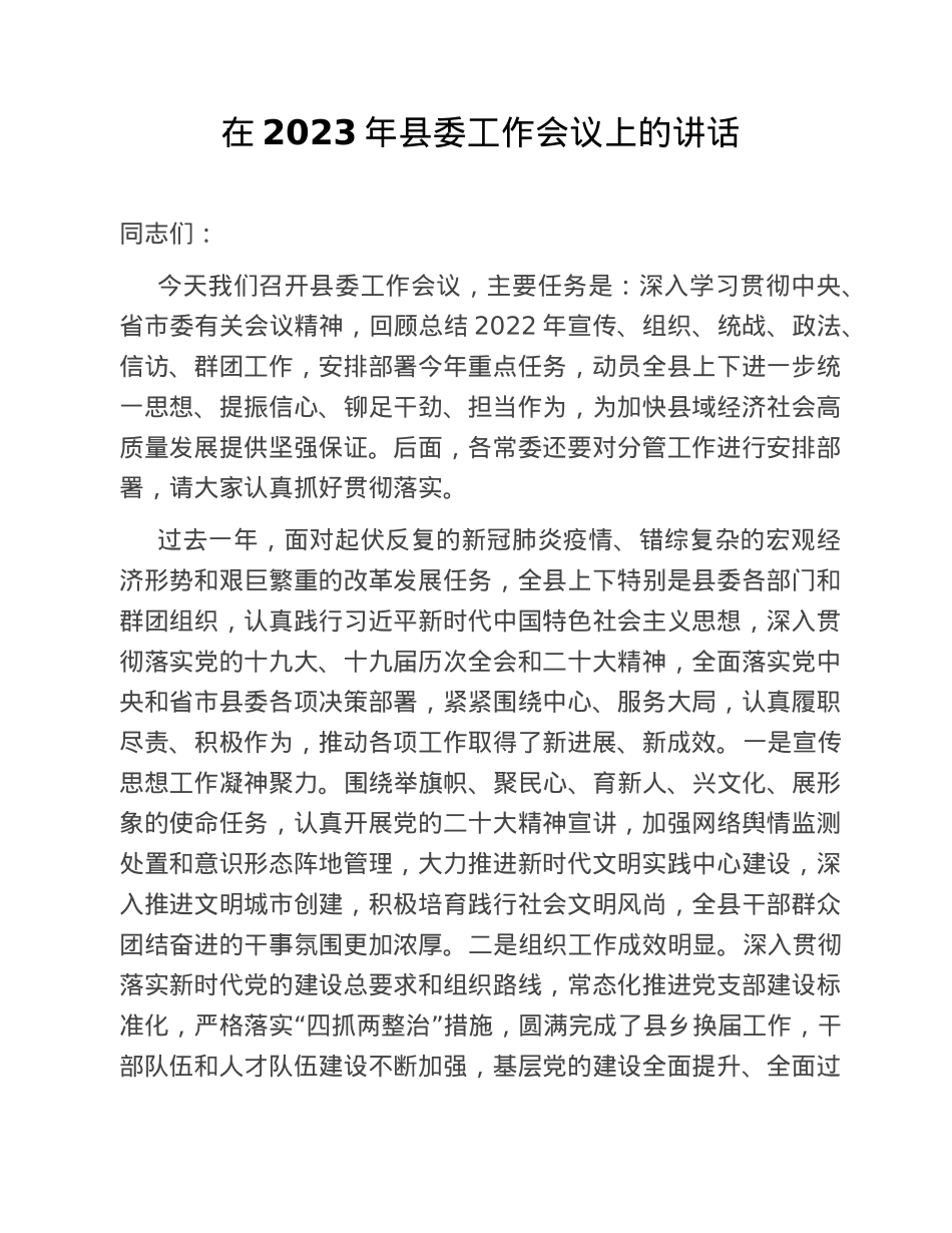 在2023年县委工作会议上的讲话.doc_第1页