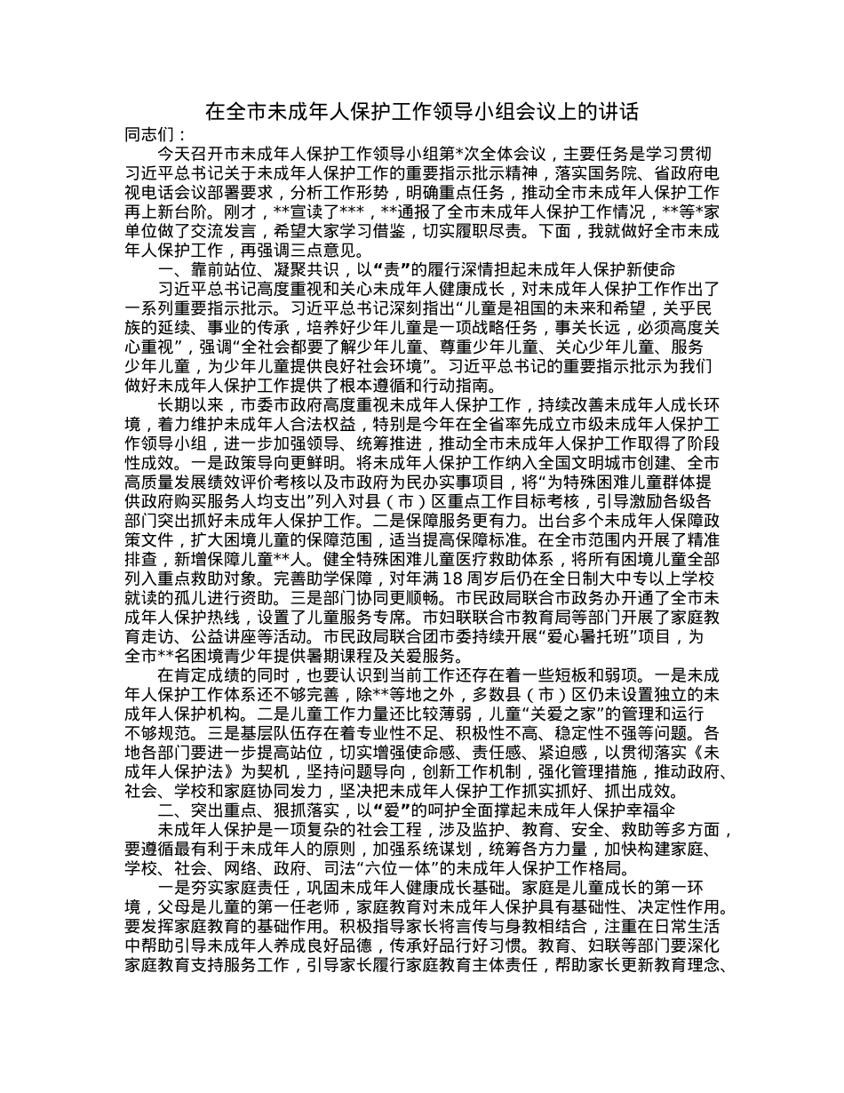 在全市未成年人保护工作领导小组会议上的讲话.docx_第1页