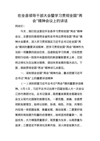 在全县领导干部大会暨学习贯彻全国“两会”精神会议上的讲话.docx
