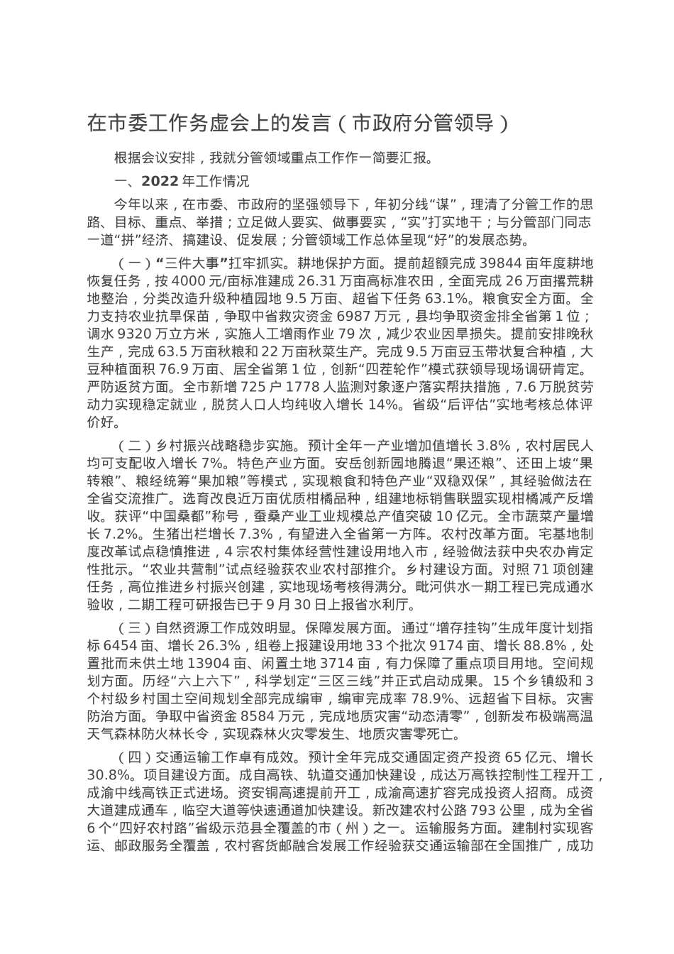 在市委工作务虚会上的发言（市政府分管领导）.doc_第1页