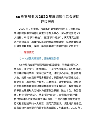xx党支部书记2022年度组织生活会述职评议报告.docx