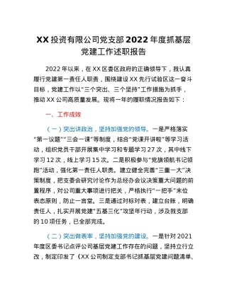 XX投资有限公司党支部2022年度抓基层党建工作述职报告.docx