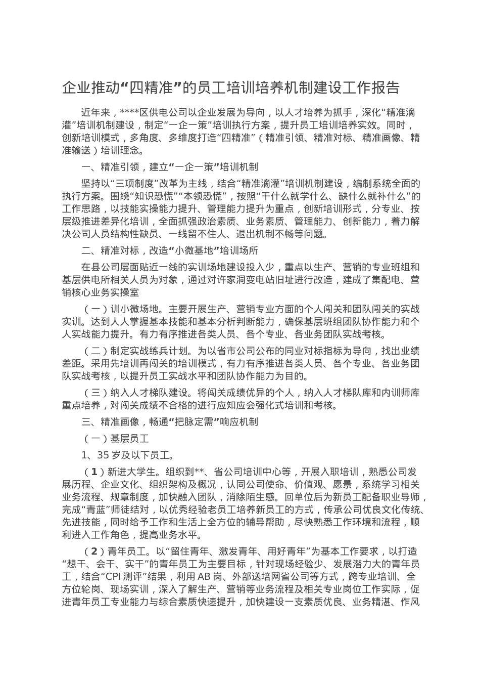 企业推动“四精准”的员工培训培养机制建设工作报告.doc_第1页