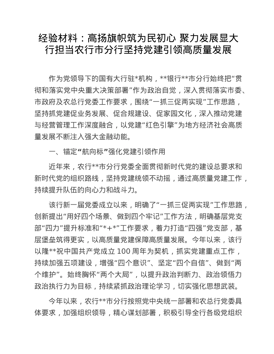 经验材料：高扬旗帜筑为民初心 聚力发展显大行担当农行市分行坚持党建引领高质量发展.doc_第1页