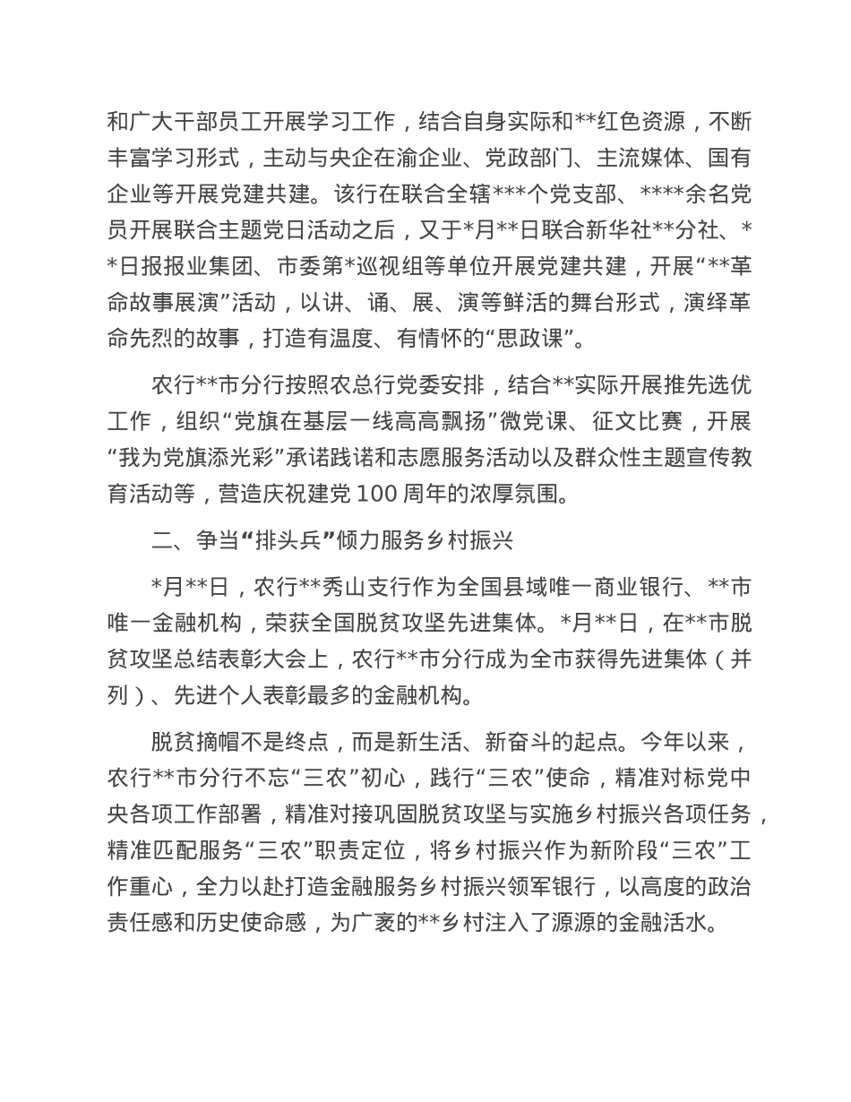 经验材料：高扬旗帜筑为民初心 聚力发展显大行担当农行市分行坚持党建引领高质量发展.doc_第2页