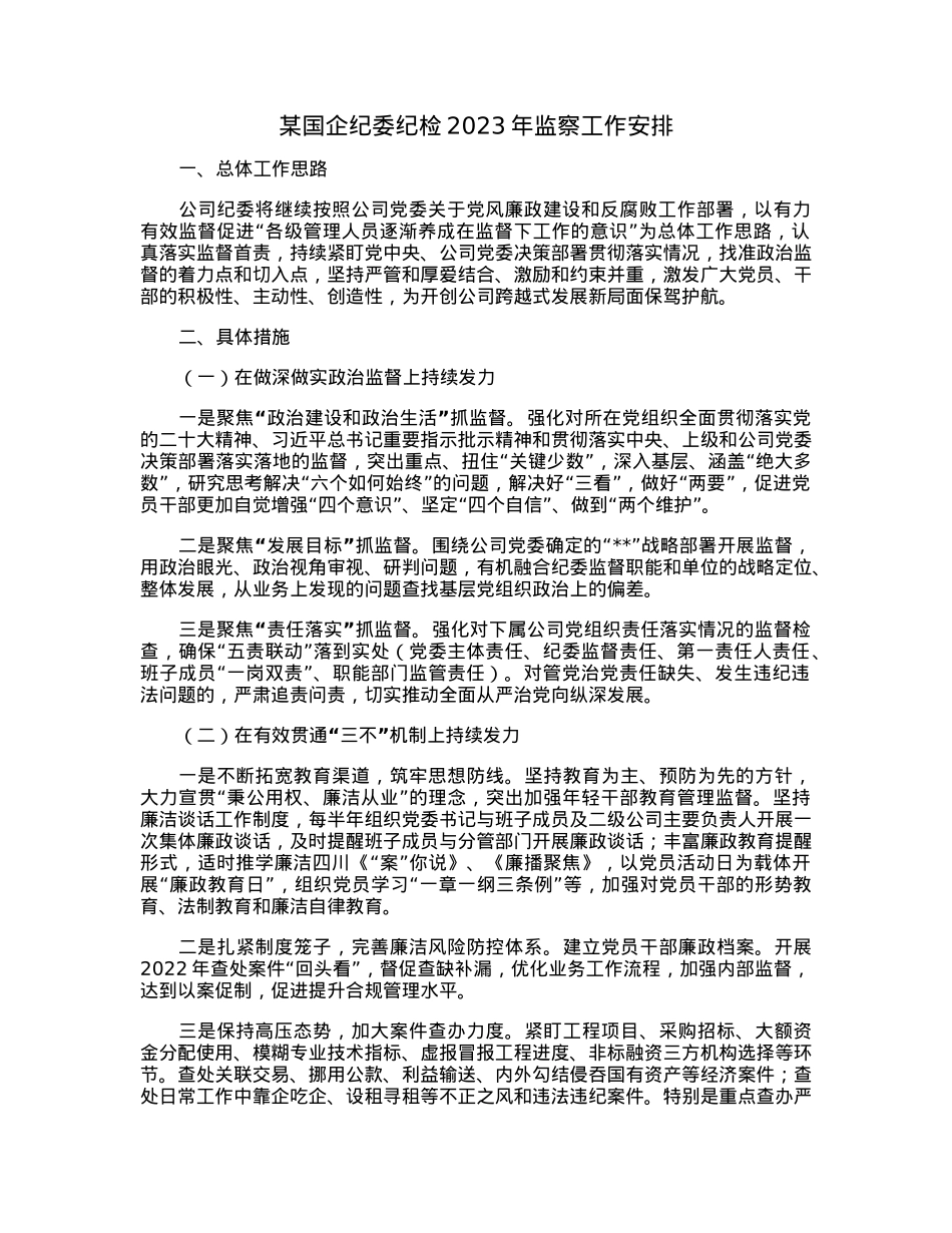 某国企纪委纪检2023年监察工作安排.docx_第1页