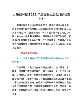 乡镇副书记2022年度民主生活会对照检查材料.docx