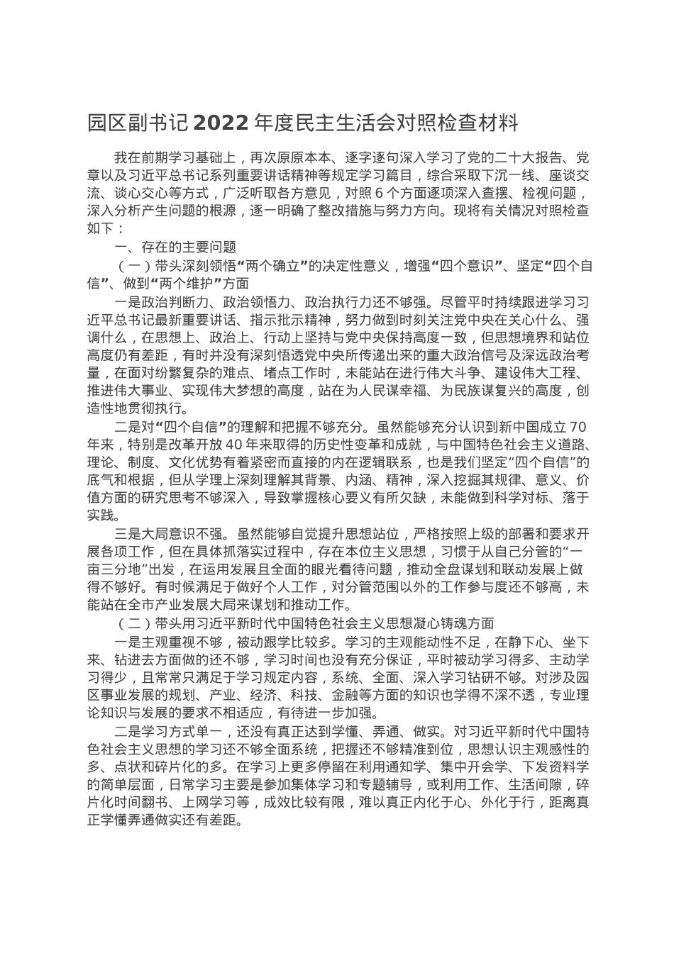 园区副书记2022年度民主生活会对照检查材料.doc_第1页