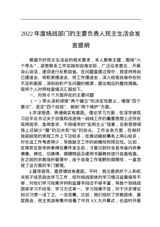 2022年度统战部门的主要负责人民主生活会发言提纲.docx