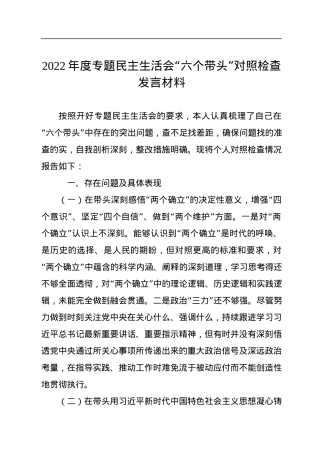2022年度专题民主生活会“六个带头”对照检查发言材料.docx