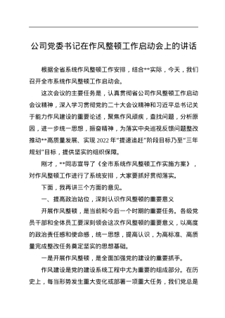 2022年公司党委书记在作风整顿工作启动会上的讲话.docx
