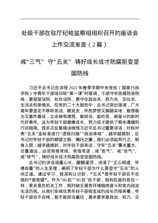 处级干部在驻厅纪检监察组组织召开的座谈会上作交流发言（2篇）.docx