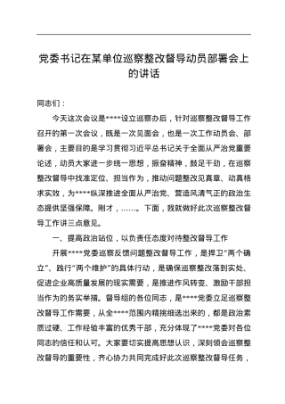 党委书记在某单位巡察整改督导动员部署会上的讲话.docx
