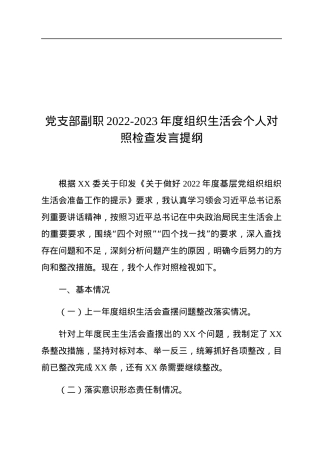 党支部副职2022-2023年度组织生活会个人对照检查发言提纲.docx