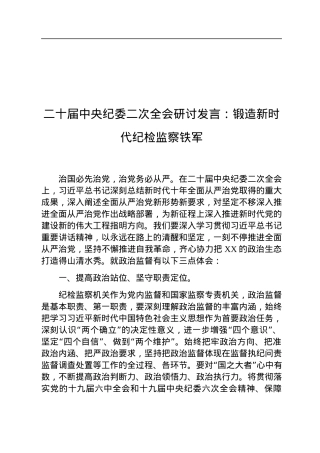 二十届中央纪委二次全会研讨发言：锻造新时代纪检监察铁军.docx