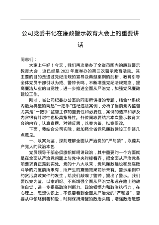 公司党委书记在廉政警示教育大会上的重要讲话.docx