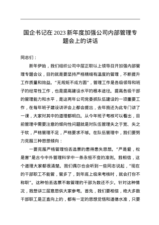 国企书记在2023新年度加强公司内部管理专题会上的讲话.docx