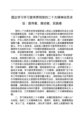 国企学习学习宣传贯彻党的二十大精神动员讲话：宣传者、推动者、实践者.docx