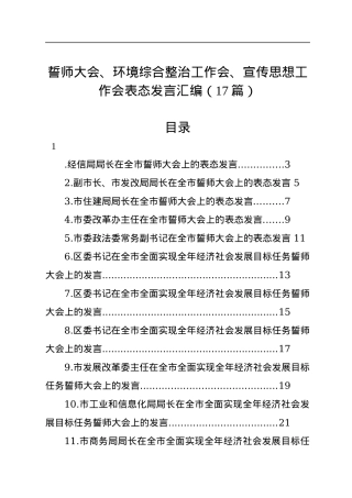 誓师大会、环境综合整治工作会、宣传思想工作会表态发言汇编（17篇）.docx