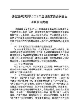县委宣传部部长2022年度县委常委会民主生活会发言提纲.docx