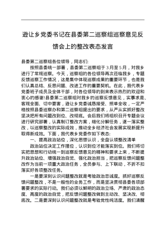 逊让乡党委书记在县委第二巡察组巡察意见反馈会上的整改表态发言（20220804）.docx