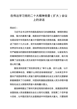 在传达学习党的二十大精神党委（扩大）会议上的讲话.docx