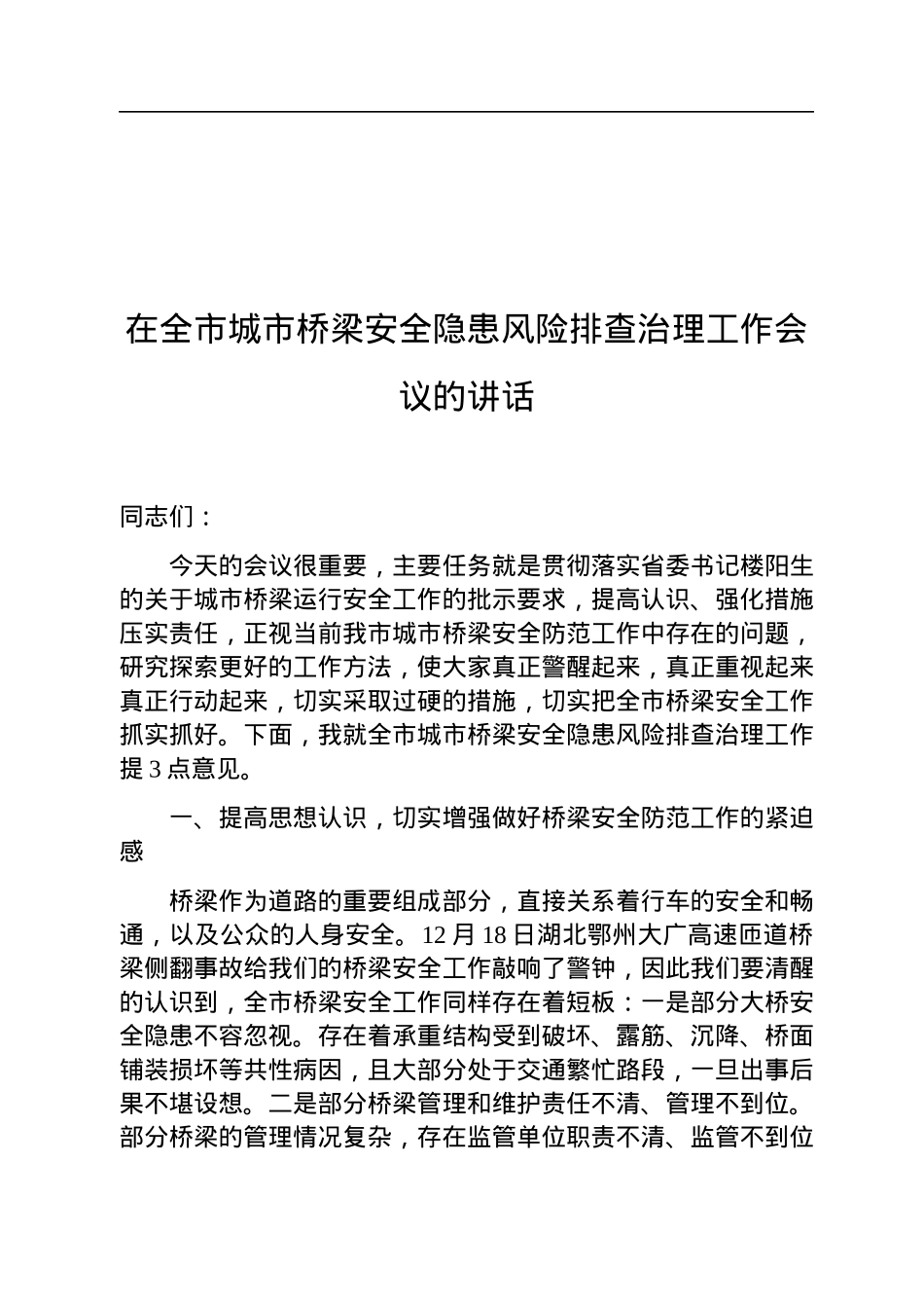在全市城市桥梁安全隐患风险排查治理工作会议的讲话.docx_第1页