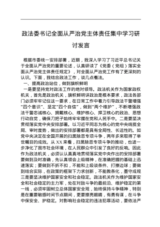 政法委书记全面从严治党主体责任集中学习研讨发言.docx