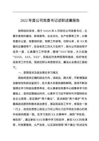 2022年度公司党委书记述职述廉报告.docx