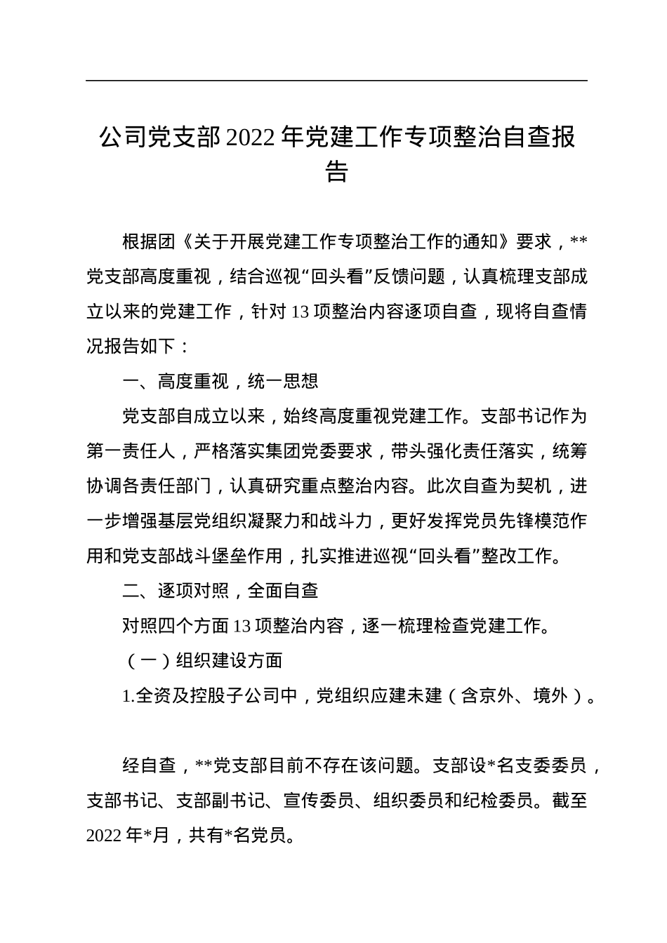 公司党支部2022年党建工作专项整治自查报告.docx_第1页