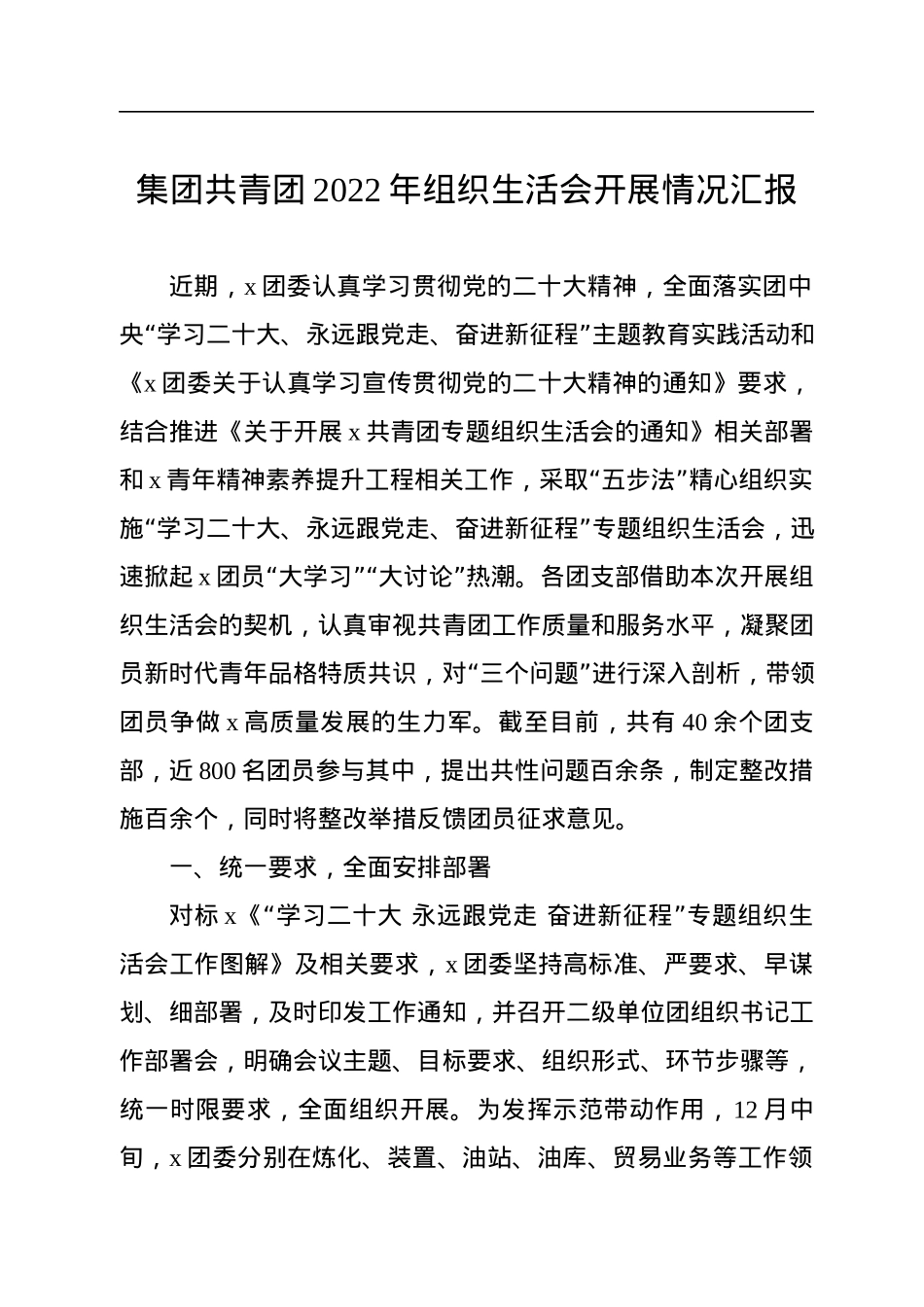 集团共青团2022年组织生活会开展情况汇报.docx_第1页