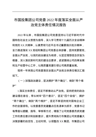 市国投集团公司党委2022年度落实全面从严治党主体责任情况报告.docx