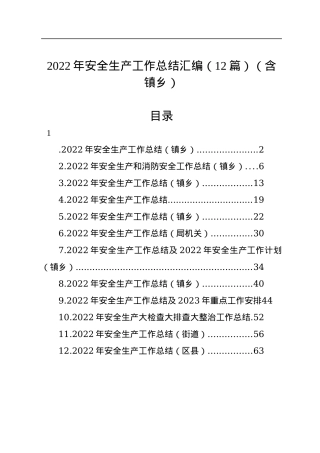 2022年安全生产工作总结汇编（12篇）（含镇乡）.docx