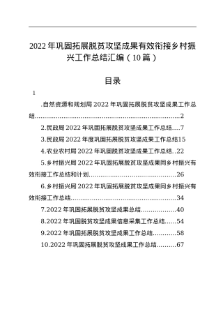 2022年巩固拓展脱贫攻坚成果有效衔接乡村振兴工作总结汇编（10篇）.docx